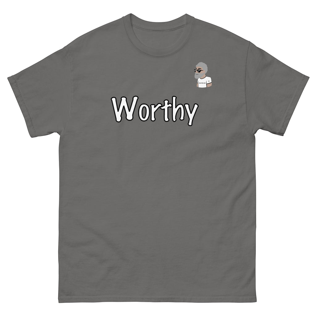 Charcoal gray Big Daddy Allen Productions cotton t-shirt with "Worthy" graphic and the BDA logo.
