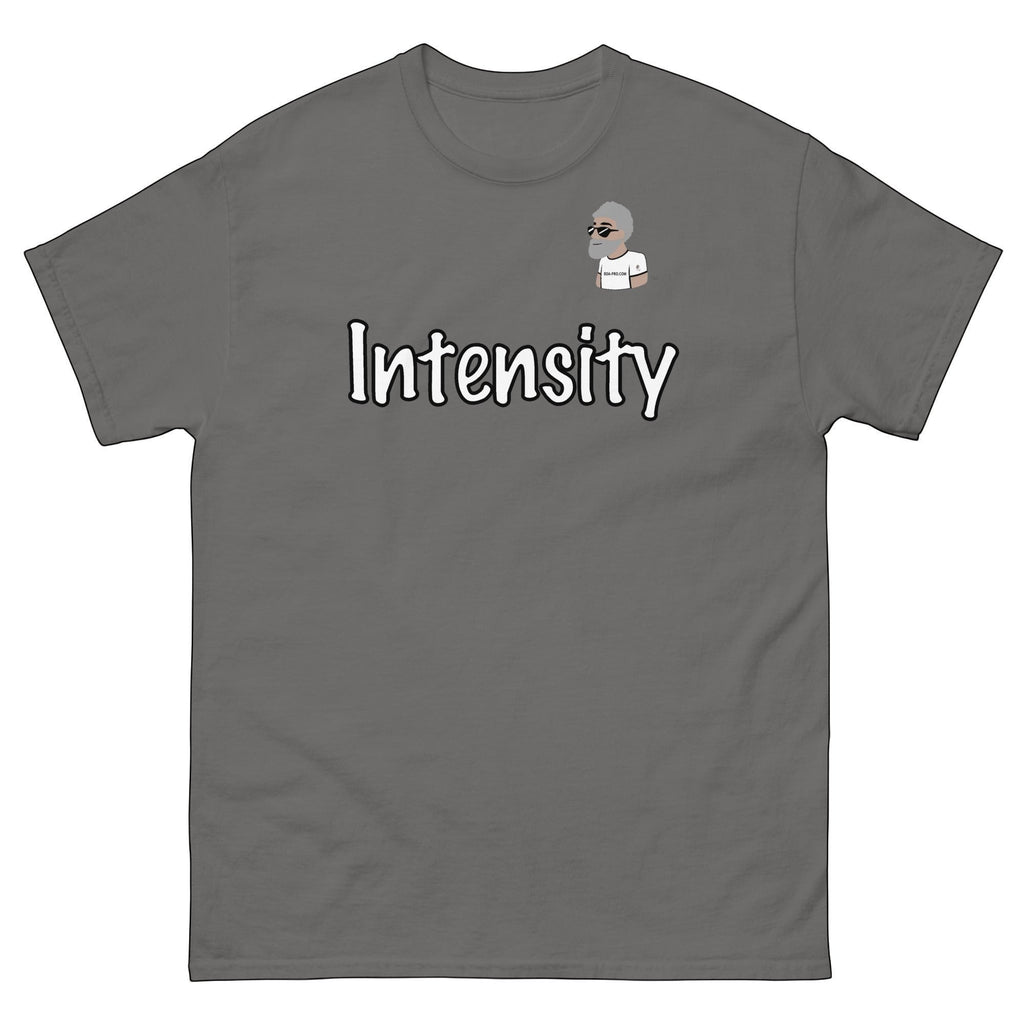 Big Daddy Allen Productions charcoal gray cotton t-shirt with "Intensity" graphic and BDA logo.