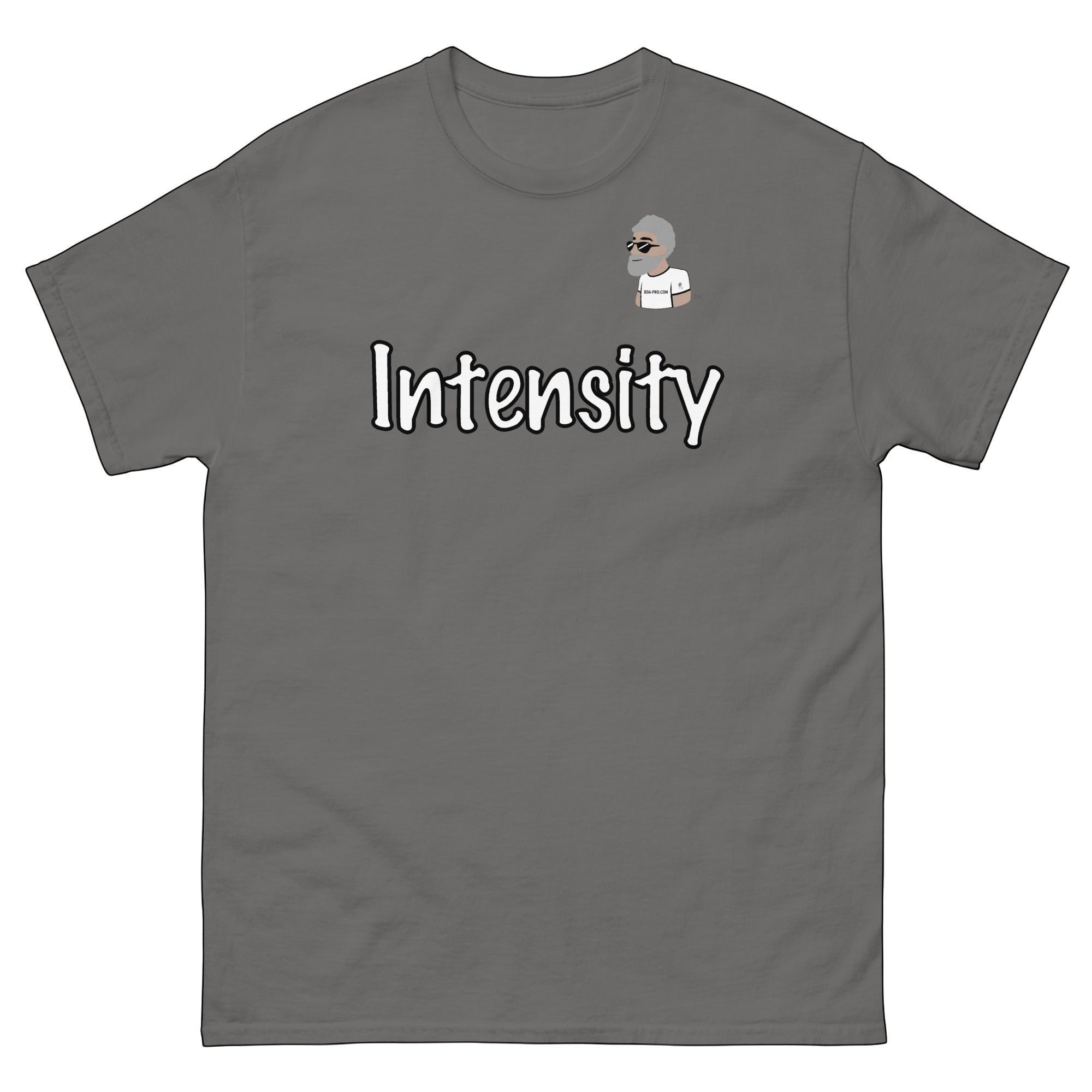 Big Daddy Allen Productions charcoal gray cotton t-shirt with "Intensity" graphic and BDA logo.