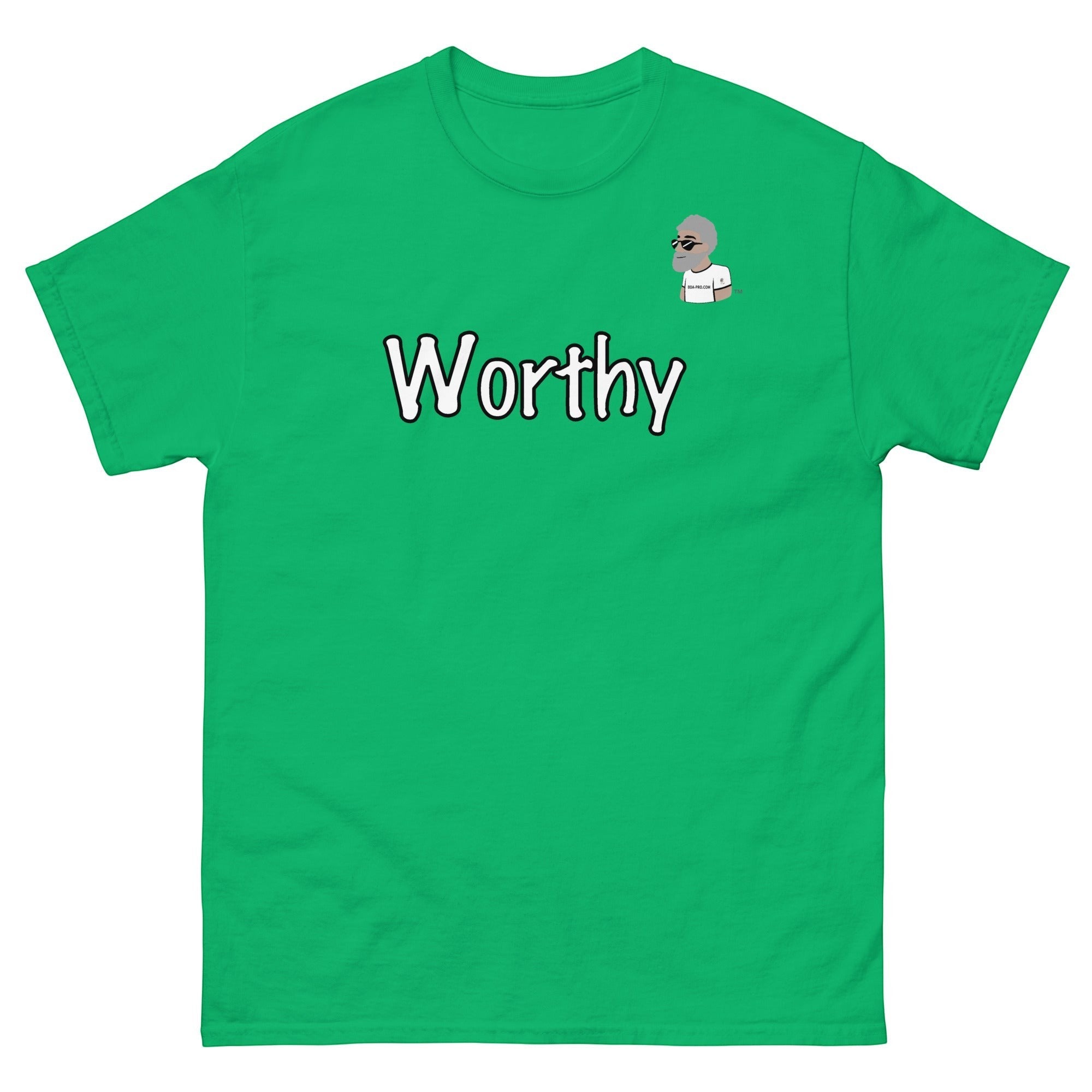 Green Big Daddy Allen Productions cotton t-shirt with "Worthy" graphic and the BDA logo.