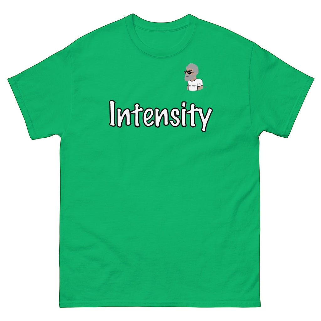 Big Daddy Allen Productions green cotton t-shirt with "Intensity" graphic and BDA logo.