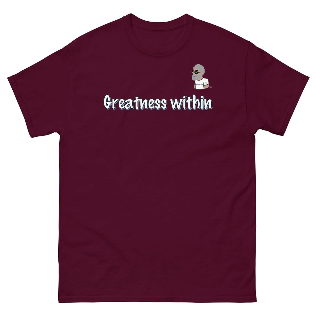 Maroon cotton t-shirt from Big Daddy Allen Productions with "Greatness within" graphic and BDA logo.