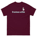 Maroon cotton t-shirt from Big Daddy Allen Productions with "Greatness within" graphic and BDA logo.