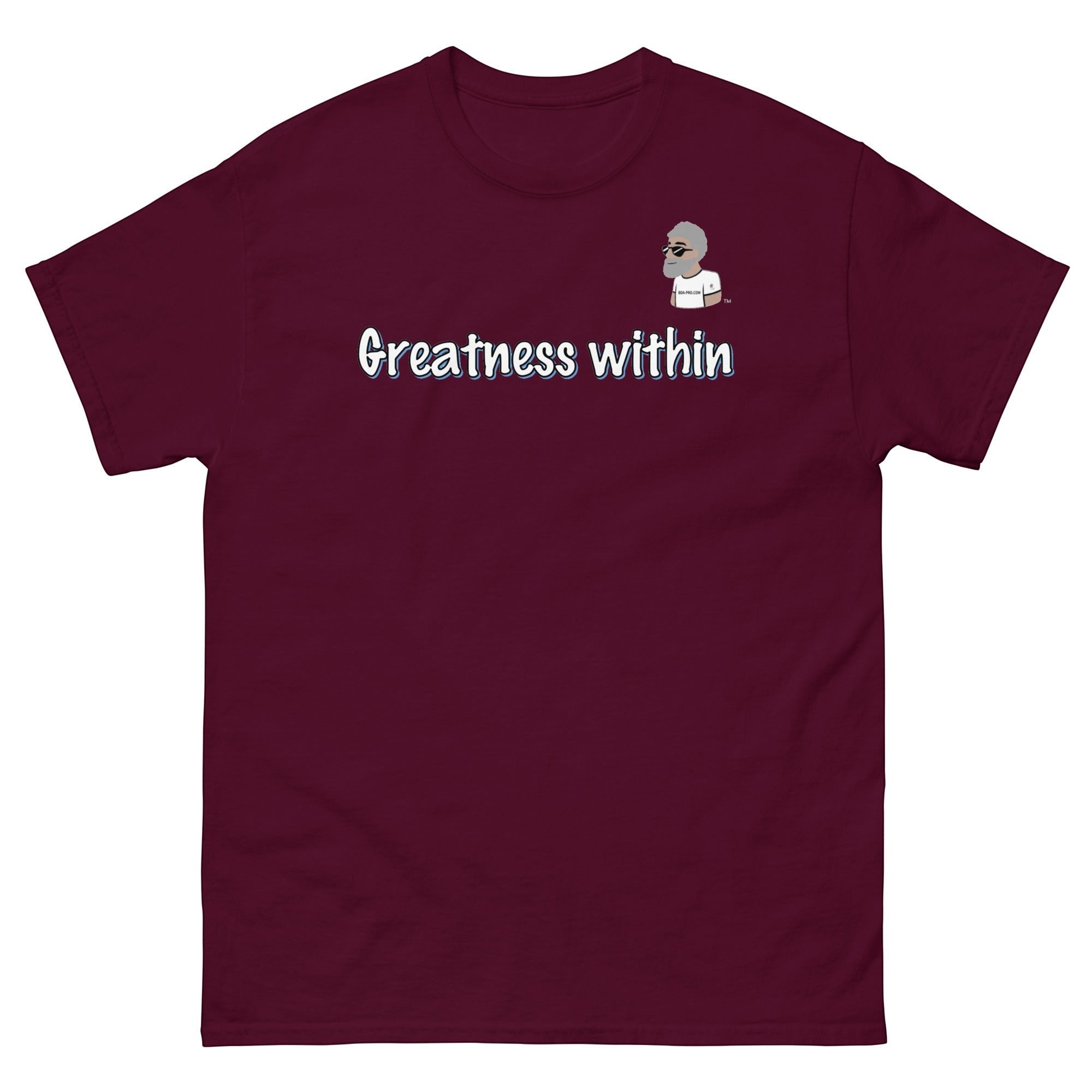 Maroon cotton t-shirt from Big Daddy Allen Productions with "Greatness within" graphic and BDA logo.