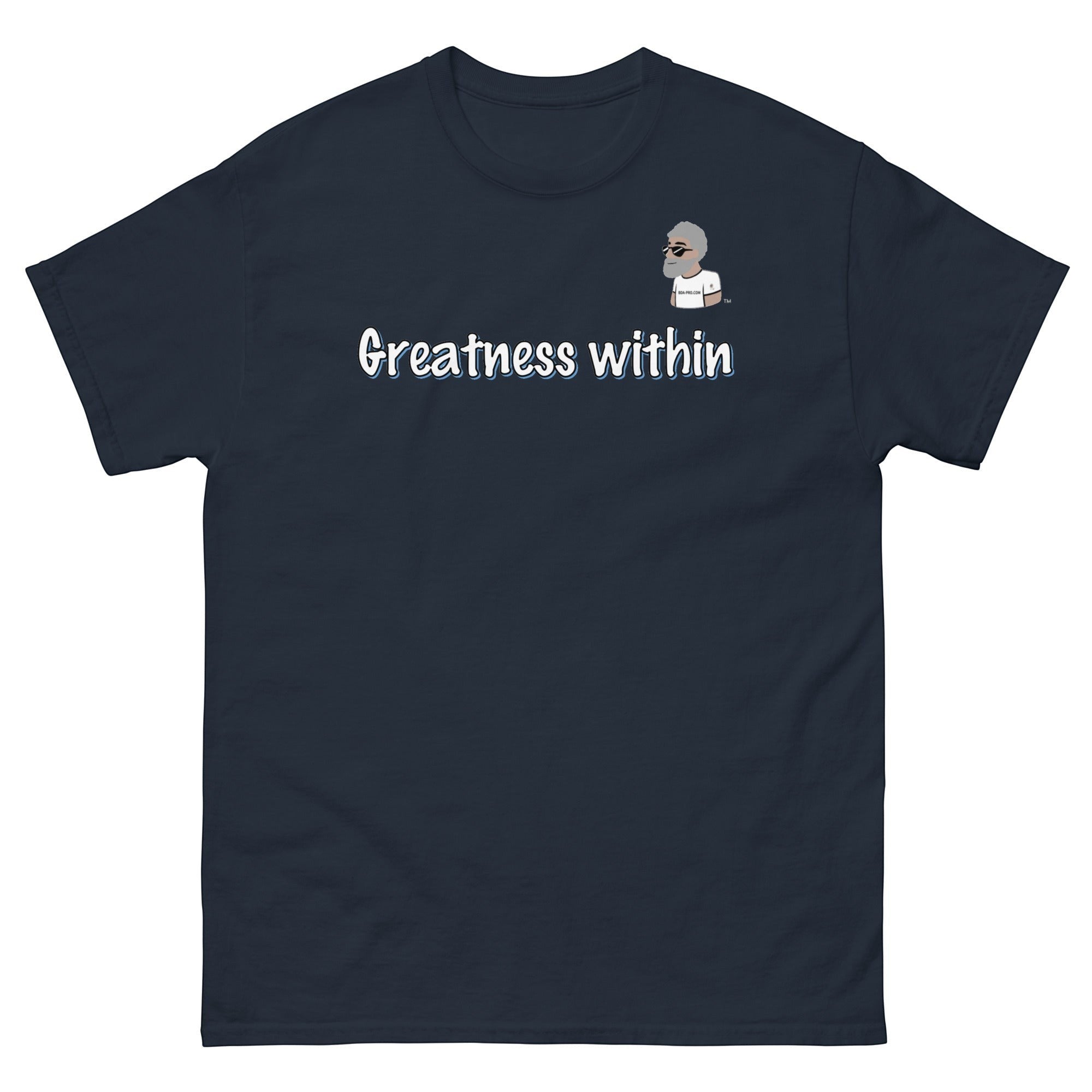 Navy blue cotton t-shirt from Big Daddy Allen Productions with "Greatness within" graphic and BDA logo.