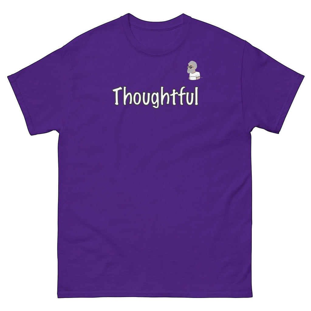 Big Daddy Allen Productions purple 100% cotton unisex graphic t-shirt with "Thoughtful" text and a small cartoon man.