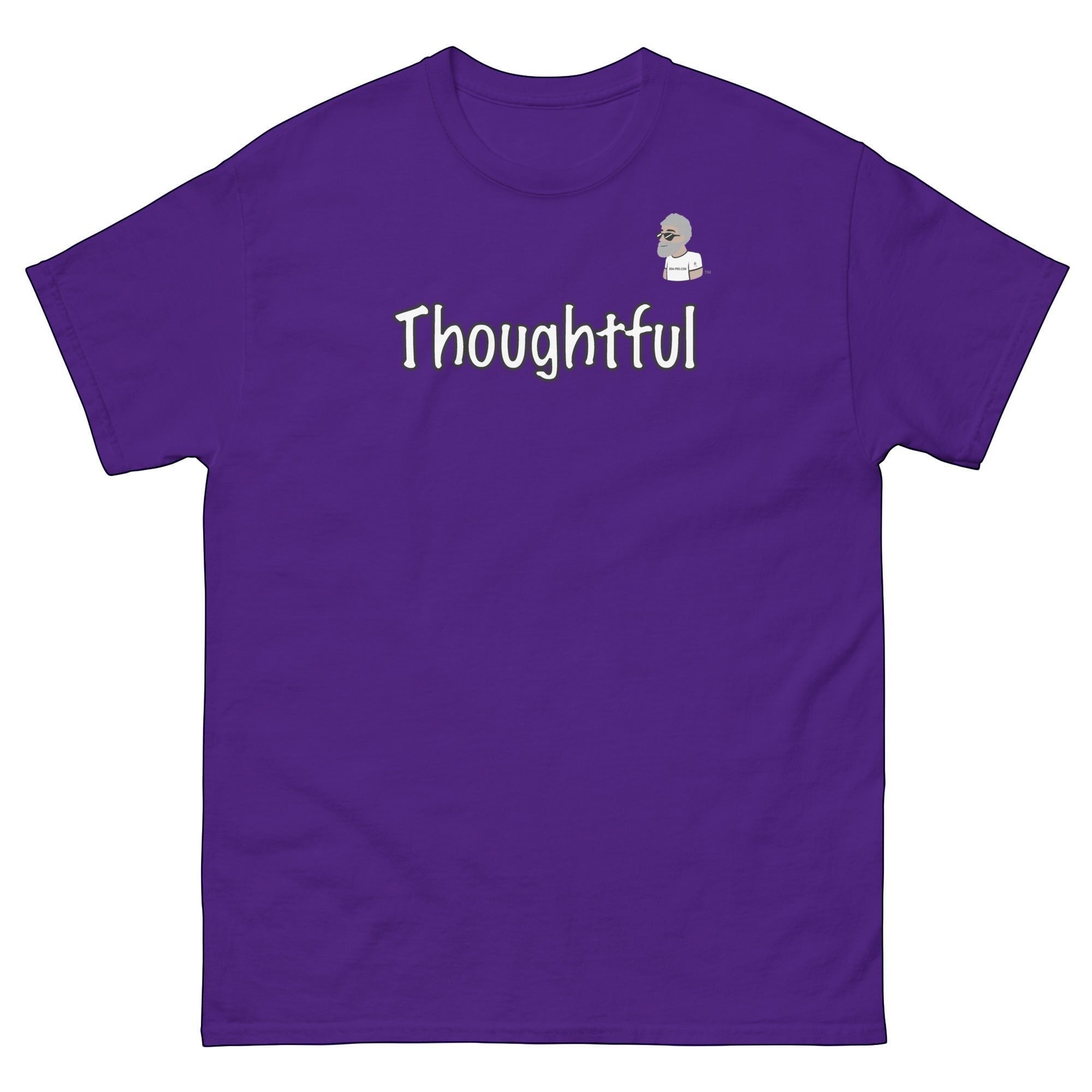 Big Daddy Allen Productions purple 100% cotton unisex graphic t-shirt with "Thoughtful" text and a small cartoon man.