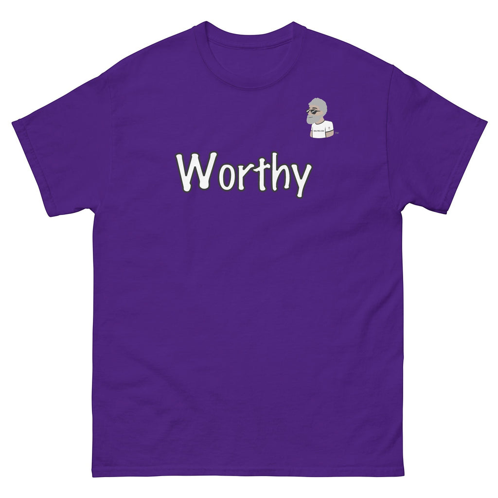 Purple Big Daddy Allen Productions cotton t-shirt with "Worthy" graphic and the BDA logo.