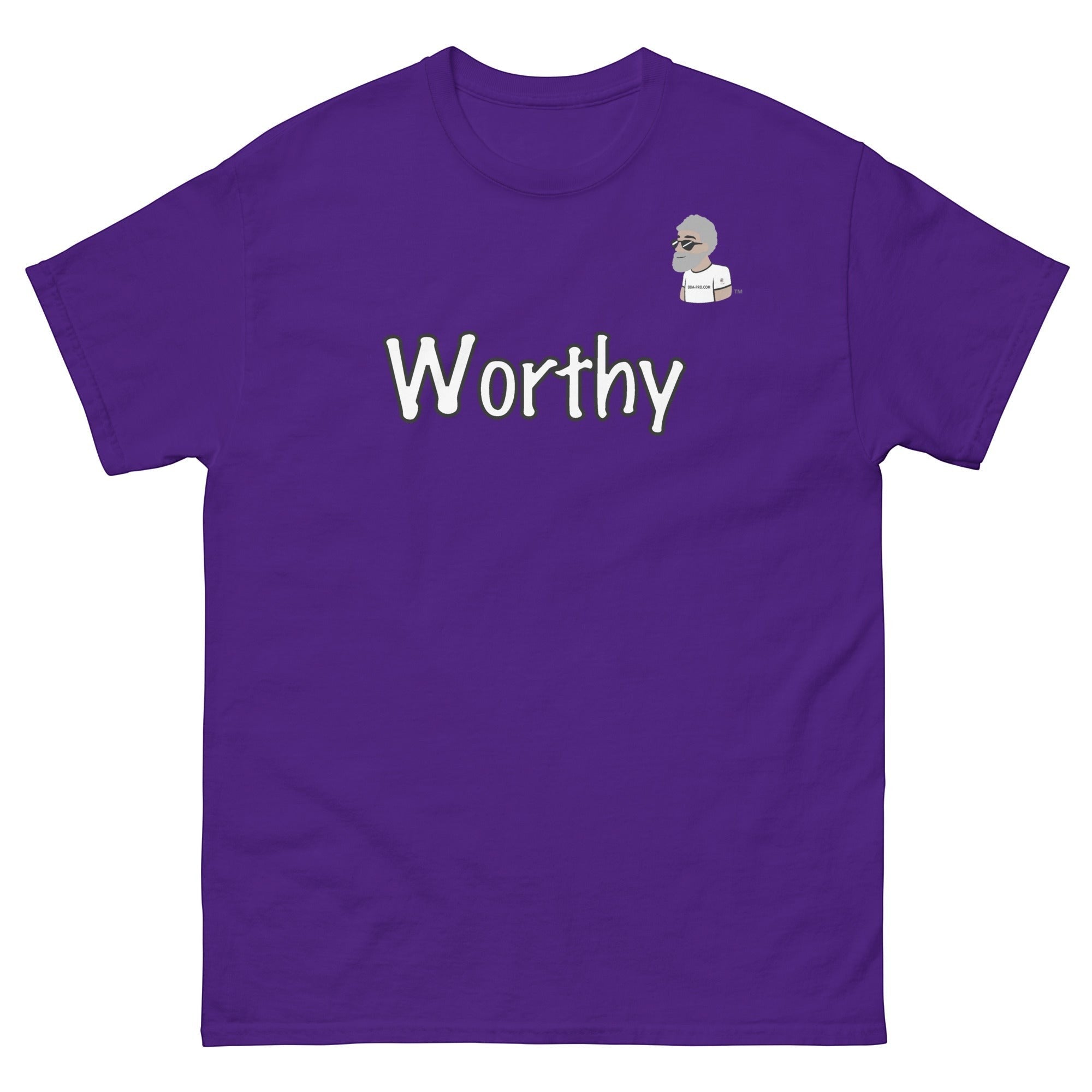 Purple Big Daddy Allen Productions cotton t-shirt with "Worthy" graphic and the BDA logo.