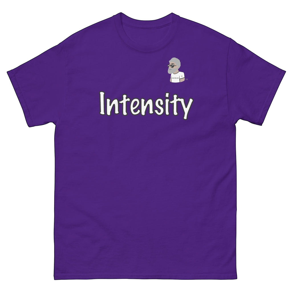Big Daddy Allen Productions purple cotton t-shirt with "Intensity" graphic and BDA logo.