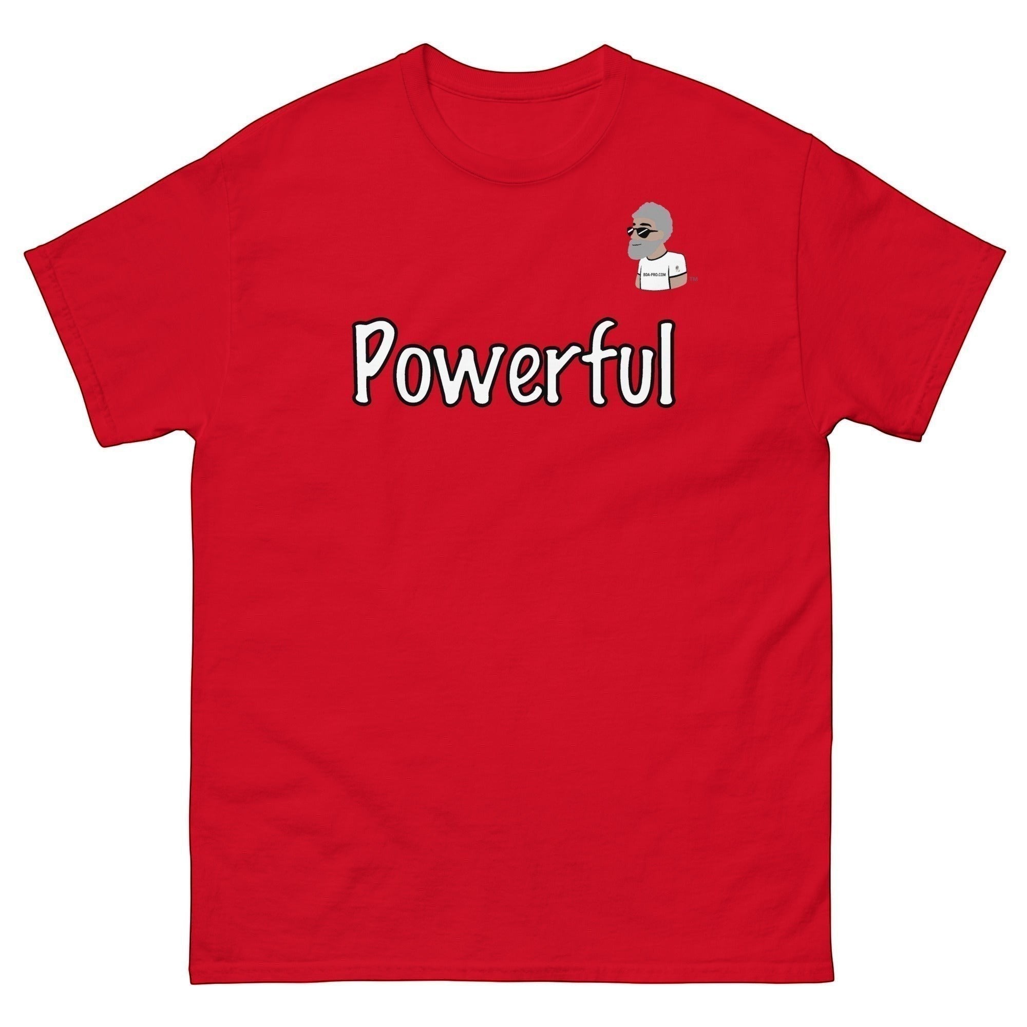 Big Daddy Allen Productions red 100% cotton t-shirt with "Powerful" graphic and cartoon man illustration.