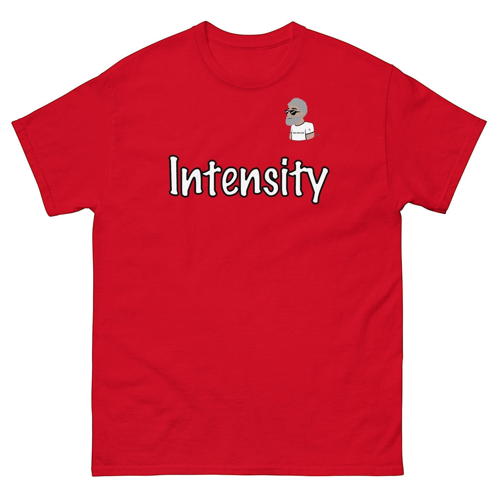 Big Daddy Allen Productions red cotton t-shirt with "Intensity" graphic and BDA logo.