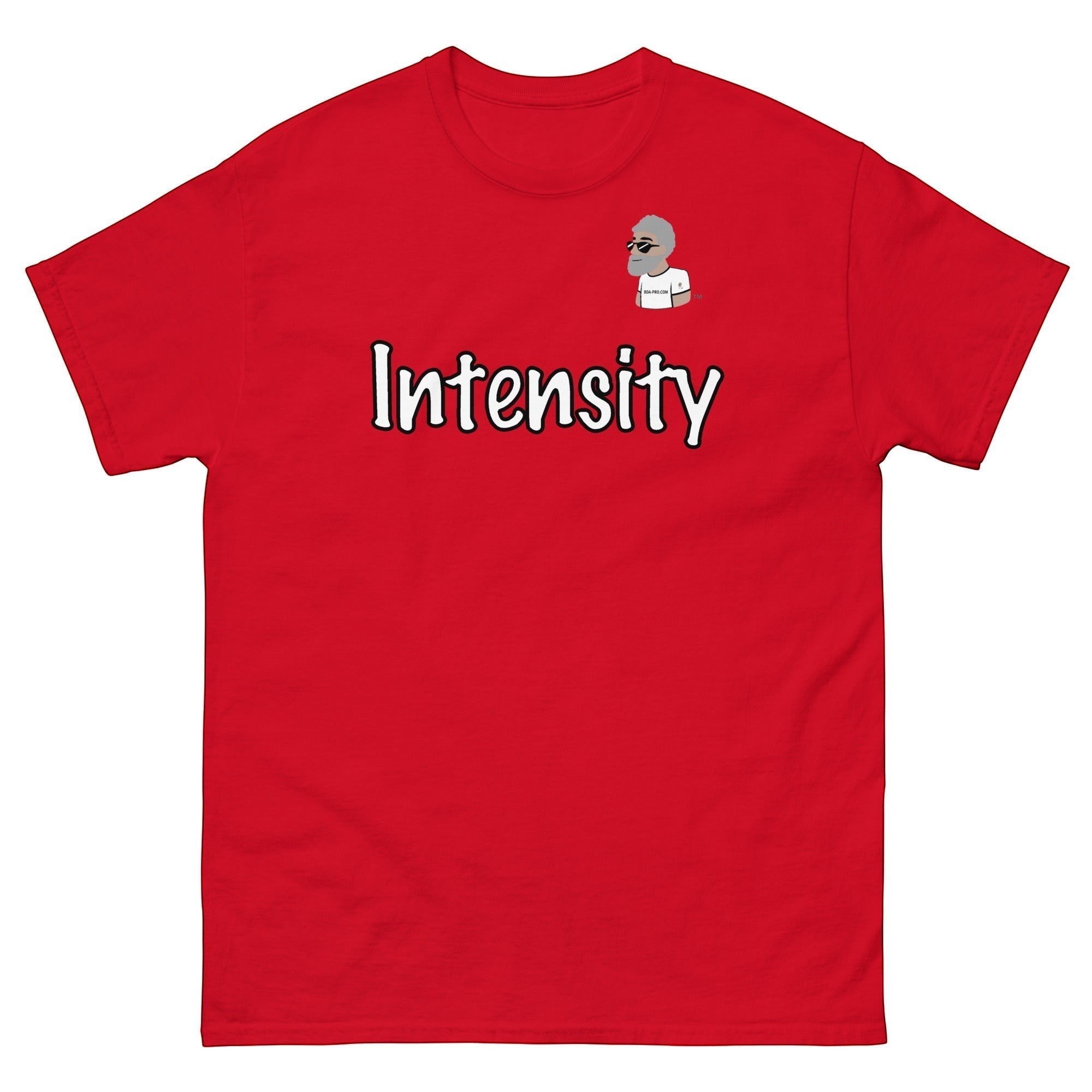 Big Daddy Allen Productions red cotton t-shirt with "Intensity" graphic and BDA logo.