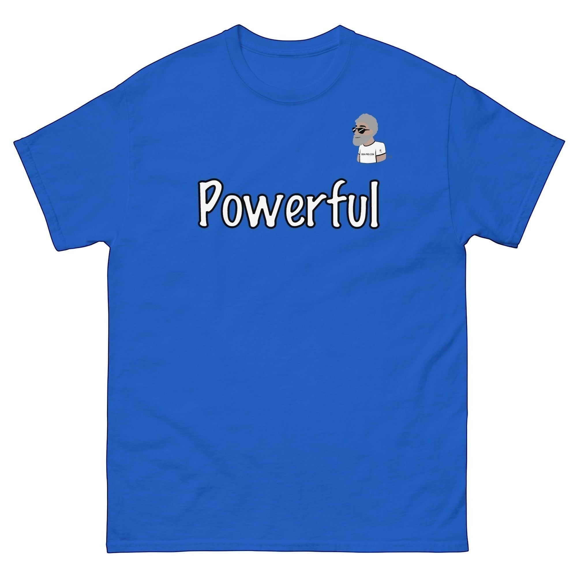 Big Daddy Allen Productions blue 100% cotton t-shirt with "Powerful" graphic and cartoon man.