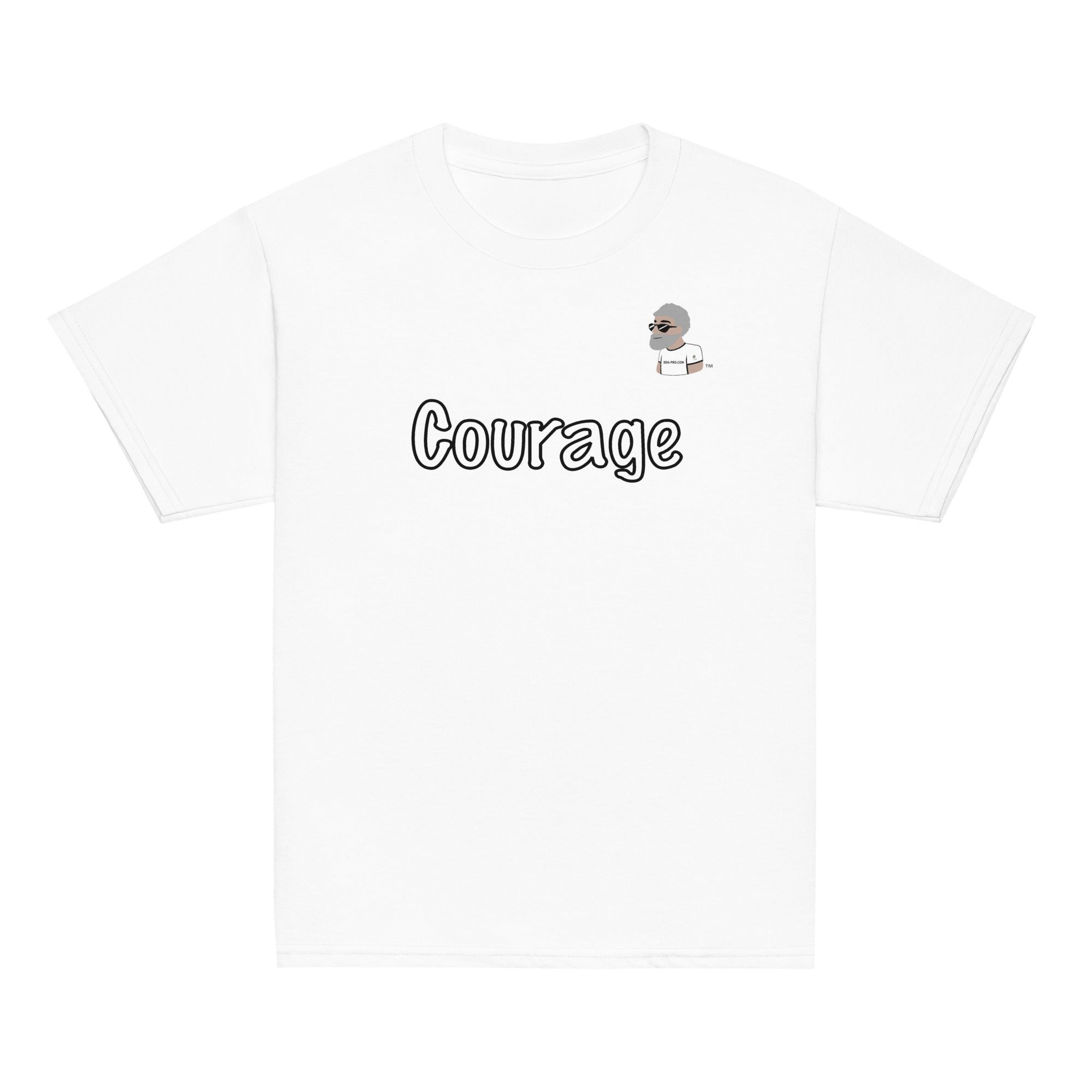 Big Daddy Allen Productions white cotton t-shirt with "Courage" graphic and BDA logo.